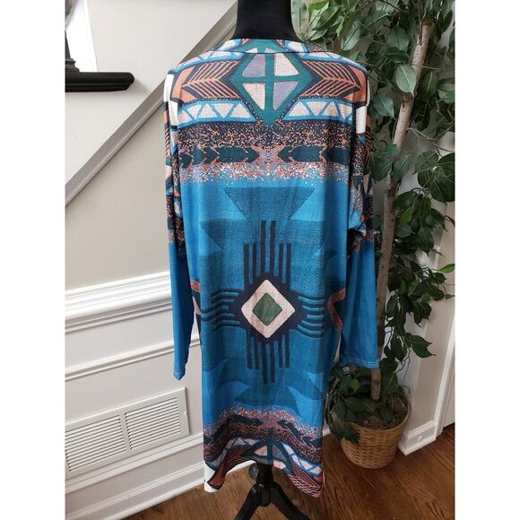 A-Line Dress Women's 2XL Blue Geo Print Stretch Long Sleeve V Neck Side Pockets - Picture 5 of 13